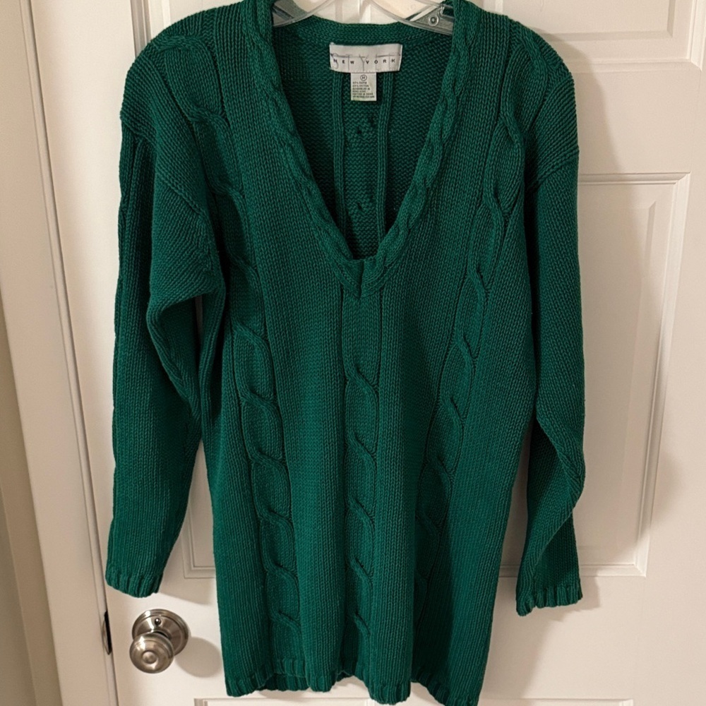 Vintage Style New York oversized Cable Knit V-Neck Sweater Kelly Green Medium